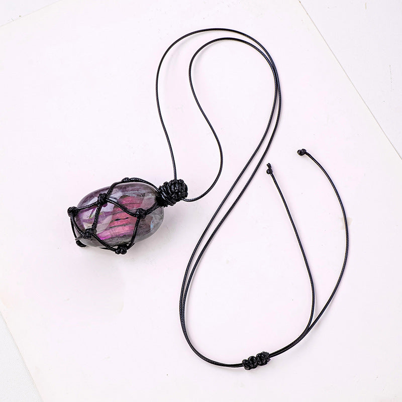 Purple Handmade Mesh Bag Pendant Moonstone Shape Crystal Necklace — additional product photo