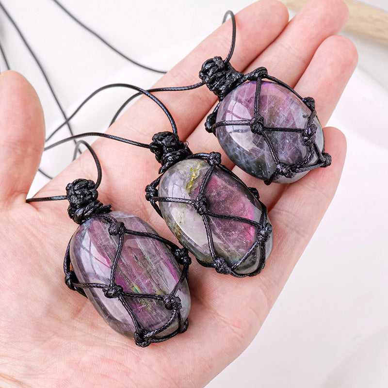 Purple Handmade Mesh Bag Pendant Moonstone Shape Crystal Necklace — additional product photo