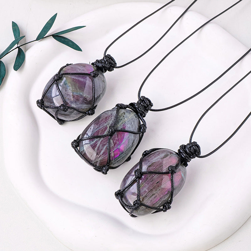 Purple Handmade Mesh Bag Pendant Moonstone Shape Crystal Necklace — additional product photo