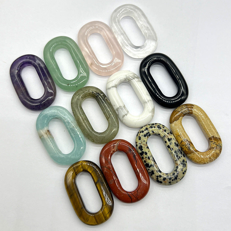Natural Crystal Oval Pendant – Amethyst, Rose Quartz, Tiger Eye, Aventurine, Jade – Large Hole O-Ring Connector, DIY Jewelry Accessory (1 Piece) — additional product photo