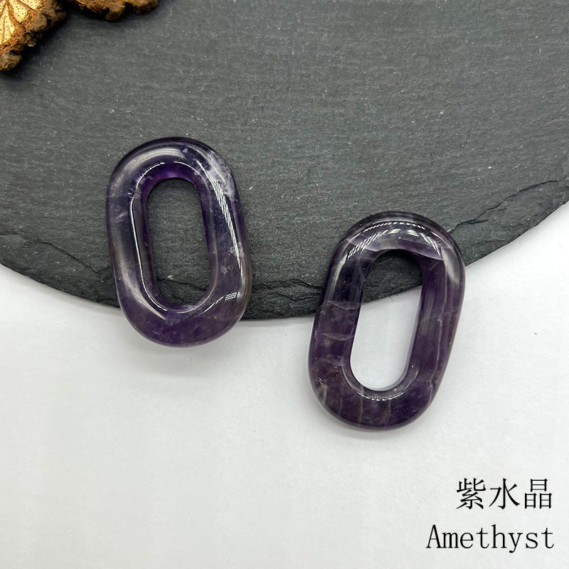 Natural Crystal Oval Pendant – Amethyst, Rose Quartz, Tiger Eye, Aventurine, Jade – Large Hole O-Ring Connector, DIY Jewelry Accessory (1 Piece) — additional product photo