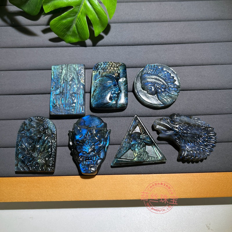 Hand-Carved Labradorite Pendant – Blue Flash Crystal Carving, Skull, Mask, Geometric & Figural Shapes – Natural Gemstone Jewelry Supply (1 Piece) — additional product photo