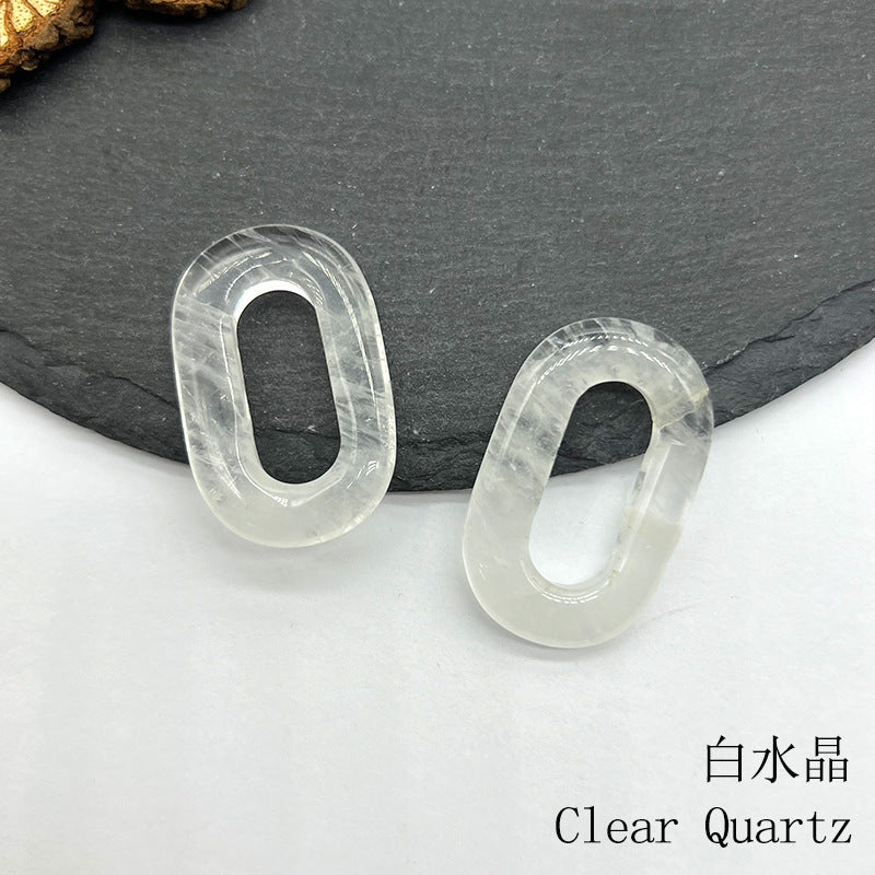 Natural Crystal Oval Pendant – Amethyst, Rose Quartz, Tiger Eye, Aventurine, Jade – Large Hole O-Ring Connector, DIY Jewelry Accessory (1 Piece) — additional product photo