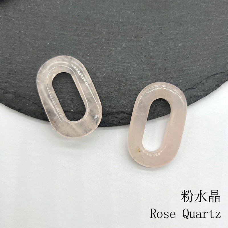 Natural Crystal Oval Pendant – Amethyst, Rose Quartz, Tiger Eye, Aventurine, Jade – Large Hole O-Ring Connector, DIY Jewelry Accessory (1 Piece) — additional product photo