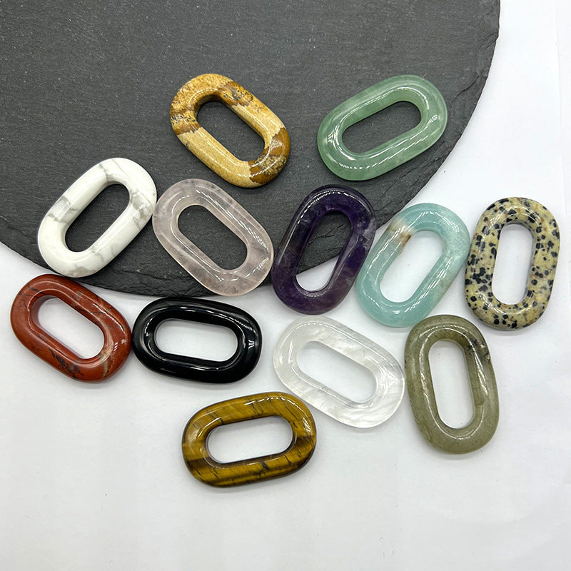 Natural Crystal Oval Pendant – Amethyst, Rose Quartz, Tiger Eye, Aventurine, Jade – Large Hole O-Ring Connector, DIY Jewelry Accessory (1 Piece) — additional product photo