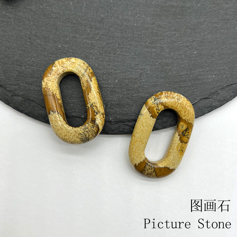 Natural Crystal Oval Pendant – Amethyst, Rose Quartz, Tiger Eye, Aventurine, Jade – Large Hole O-Ring Connector, DIY Jewelry Accessory (1 Piece) — additional product photo