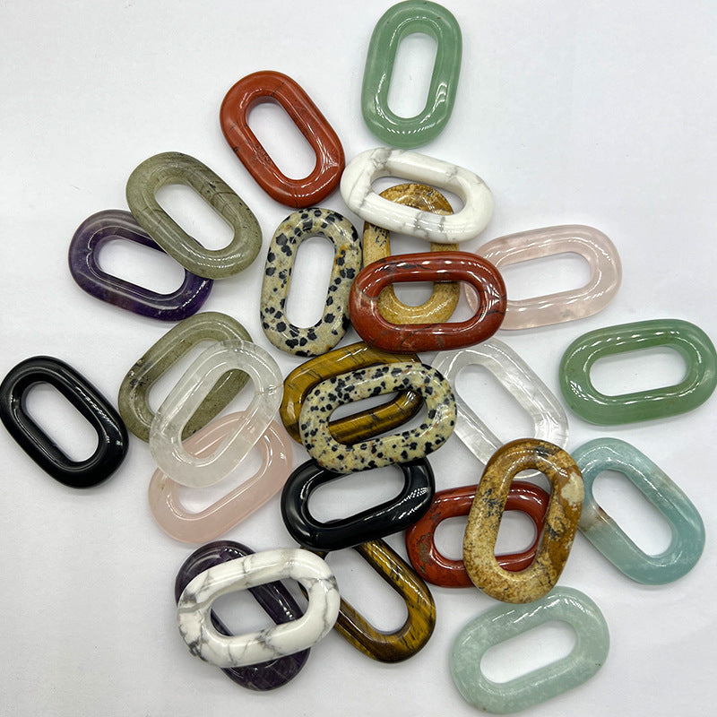 Natural Crystal Oval Pendant – Amethyst, Rose Quartz, Tiger Eye, Aventurine, Jade – Large Hole O-Ring Connector, DIY Jewelry Accessory (1 Piece) — additional product photo