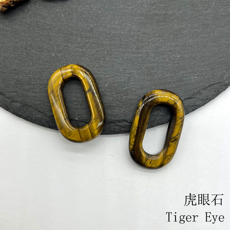 Natural Crystal Oval Pendant – Amethyst, Rose Quartz, Tiger Eye, Aventurine, Jade – Large Hole O-Ring Connector, DIY Jewelry Accessory (1 Piece) — additional product photo
