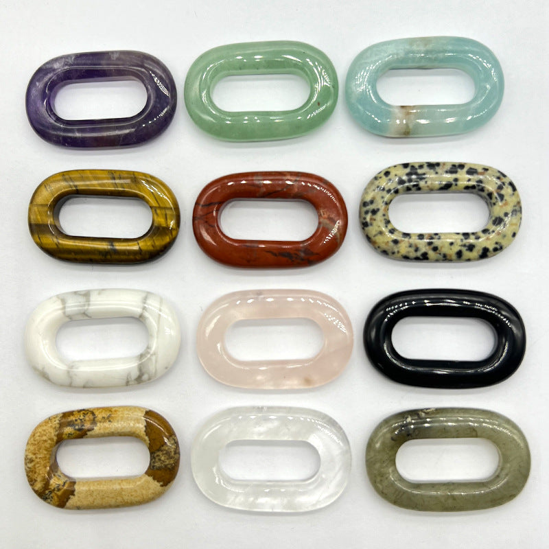 Natural Crystal Oval Pendant – Amethyst, Rose Quartz, Tiger Eye, Aventurine, Jade – Large Hole O-Ring Connector, DIY Jewelry Accessory (1 Piece) — additional product photo