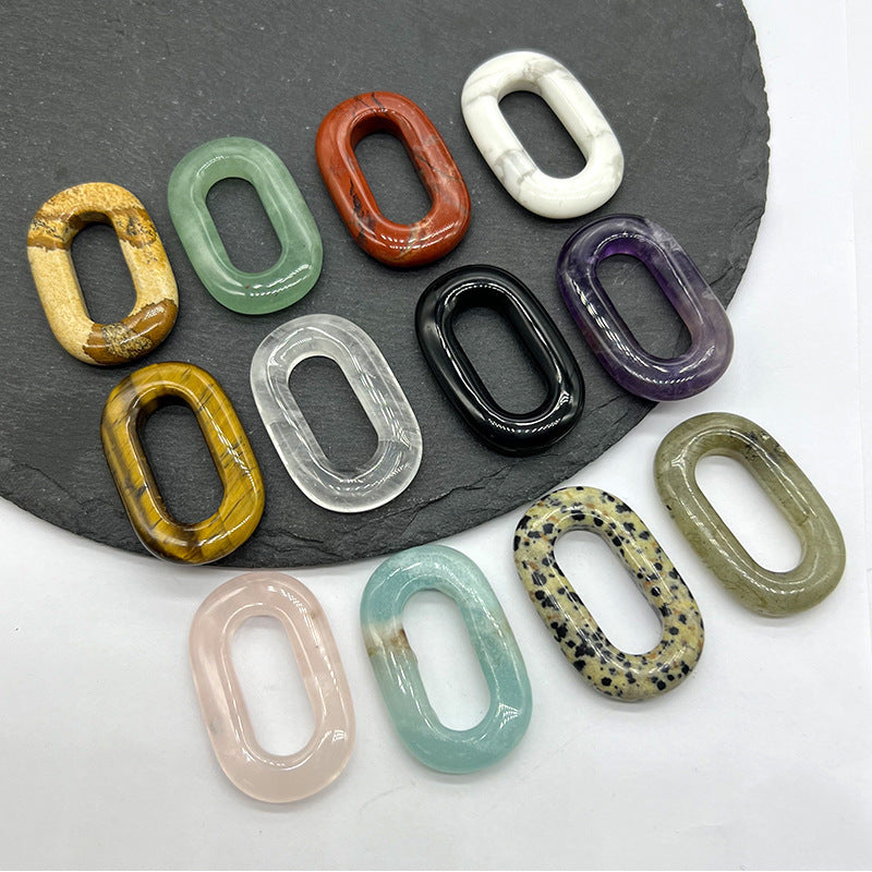 Natural Crystal Oval Pendant – Amethyst, Rose Quartz, Tiger Eye, Aventurine, Jade – Large Hole O-Ring Connector, DIY Jewelry Accessory (1 Piece) | Clairvoyant Crystals