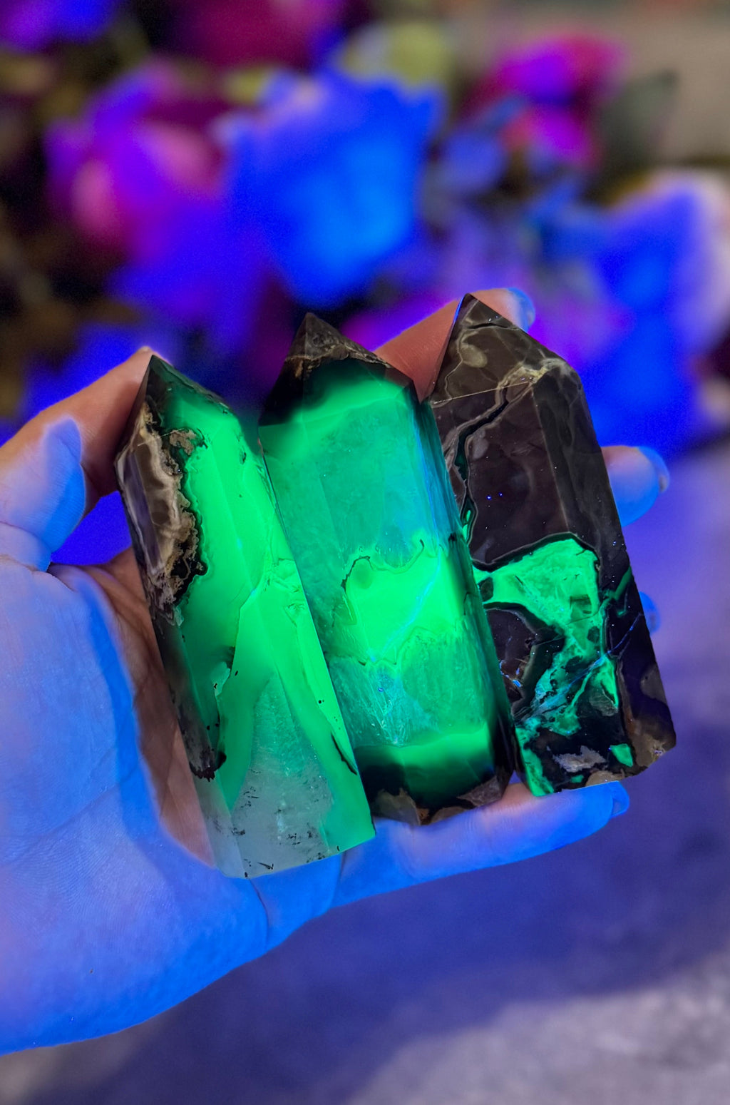 Volcano Agate Towers — UV Fluorescent Green Crystals — additional product photo